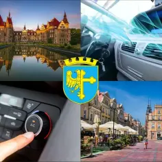 Kolaż: zamek, wnętrze samochodu z klimatyzacją, herb Opola, rynek miejski.