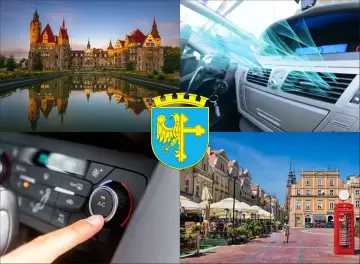 Kolaż: zamek, wnętrze samochodu z klimatyzacją, herb Opola, rynek miejski.